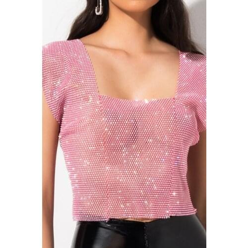 Green White Pink Short Tank Tops For Women See Through Full Rhinestone Mini Camisole Night Club Summer Female Sexy Shirt Vest