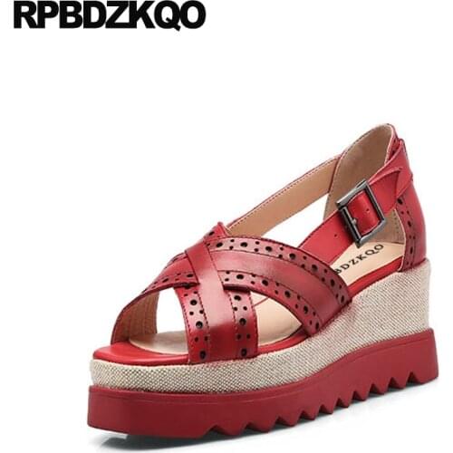 Women Genuine Leather Summer Plus Size Wedge Sandals High Heels Platform Flatform Red Famous Brand Open Toe Slip On Pumps Shoes