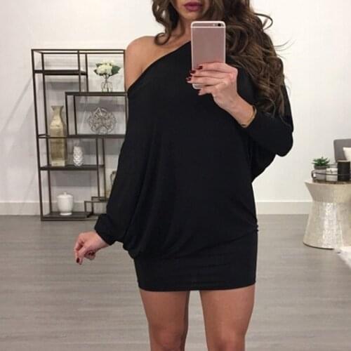 Spring Autumn Womens Slash Neck Long Sleeve Dresses Fashion Mini Dress Bat Sleeve Loose Sexy Off Shoulder Package Hip Dress