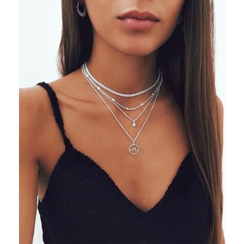 Fashion Jewelry Multilayer Wave Pendants Necklaces For Woman 2020 New Gold Sliver Color Simple Crystal Summer Choker Necklace