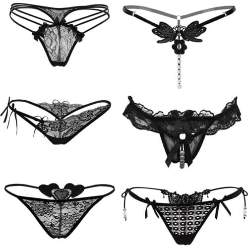 6pc Women Sexy Pendant Lady Pearl G String V-string Women Panties Low Waist Underwear Underwear For Sex Black Panties #T2G