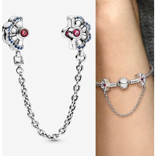 100% 925 Sterling Silver Blue And Pink Fan Shaped Safety Chains Are Suitable For Pandora Fashion Bracelet Accessories Jewelry