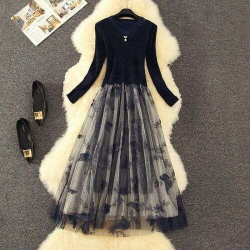 Flowers Fashion Mesh Patchwork Dress Women New High-End Design Ladies Hollow Out Slim Elegant Party Dress Spring Autumn y1075