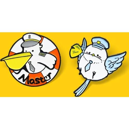 Cartoon Bird Seabird Pelican Enamel Pin Blue Carrier pigeon Master Captain Seaman Birds Brooch Lapel Badge Jewelry Gift for Kids