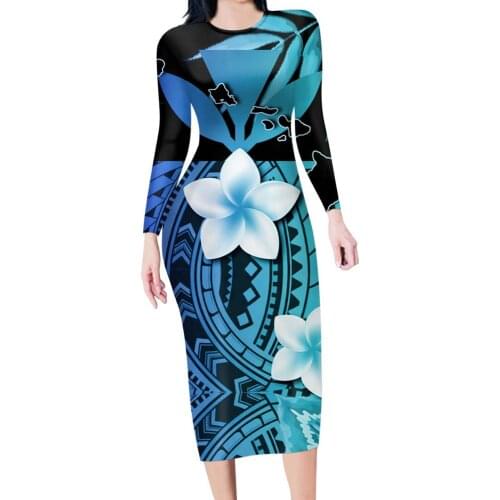 HYCOOL Floral Polynesian Tribal Print Women Winter Elegant Dress High Quality Office Party Robe Femme O-Neck Designer Vestidos