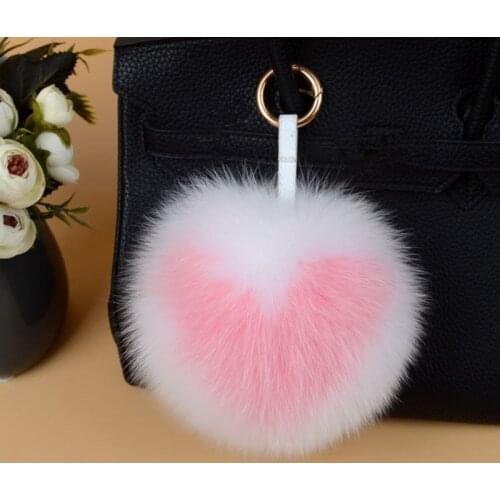 Custom Luxury Fox Fur letter PomPom Heart Fluffy keychain Keyring Handbag Charm llavero porte clef Gift for Women 2021 Sale