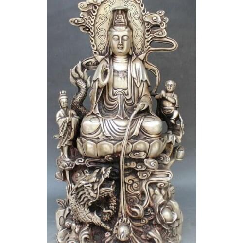 16" Chinese Silver Seat Lotus Kwan-yin Gunayin Goddess Tongzi Dragon Statue