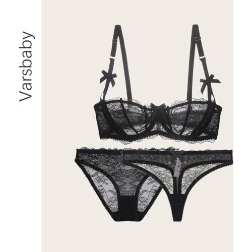 Varsbaby sexy skin-friendly 3 pcs bras+panties +thongs unlined underwear 1/2 cup transparent floral lace half cup bra set