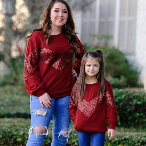 Fashion Women Girls Family T Shirt Autumn O-neck Long Sleeve Sequins Patchwork Tops Family Matching Clothes Casual T-shirts
