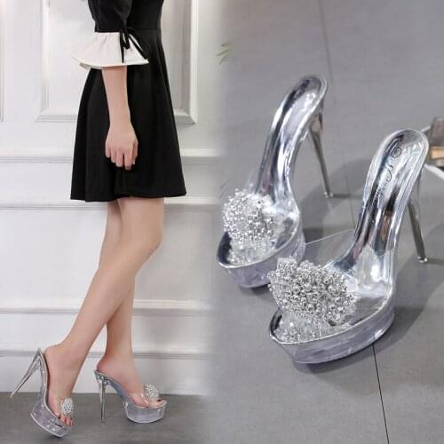 Summer Platform Sandals Women Sexy Crystal Glass Beads Female Transparent High Heels Slip On Sexy Nightclub Party Shoes