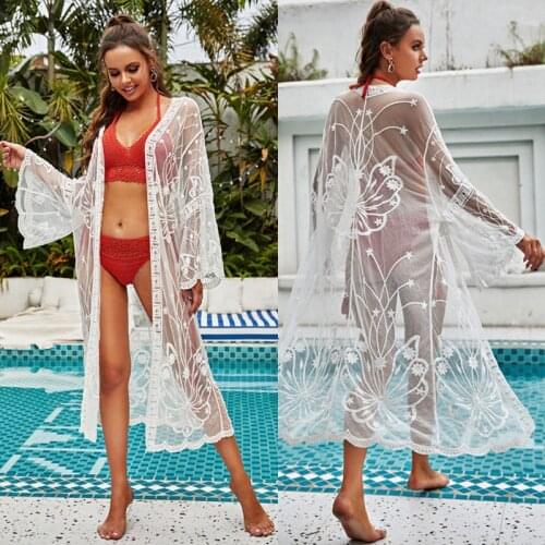 Pareo Beach Kaftan Tunic Dress Beachwear 2021 Swimsuit Cover Up Cardigan White Coverups For Swimwear Kimono Women Summer