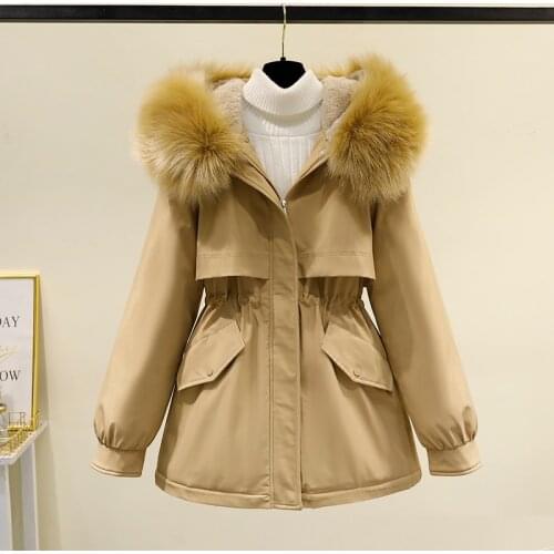 Winter Women Parkas Coat Slim Fleece Inside Big Fur Collar Hooded Thick Warm padded Coat Casual Female Winter Outwear Jackets