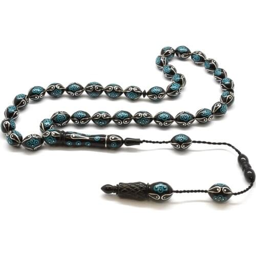 Tesbihane Caliper İşçilikli Silver-Turquoise Embroidered Barley Cut Erzurum Oltu stone Rosary (M-1)