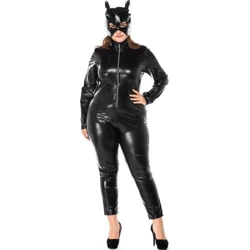 Fat Lady Costumes Plus Size Sexy Cat Woman Black Artificial Leather Jumpsuit 2Pcs Set Halloween Cos Carnaval Disguisement
