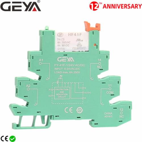 GEYA Slim Relay Module Protection Circuit 6A Relay 12VDC/AC or 24VDC/AC Relay Socket 6.2mm thickness