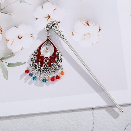 Vintage Chinese Style Water Drop Hair Sticks Women Carved Metal Hairpins Boho Beads Tassel Ethnic Jewelry Accessories Gifts