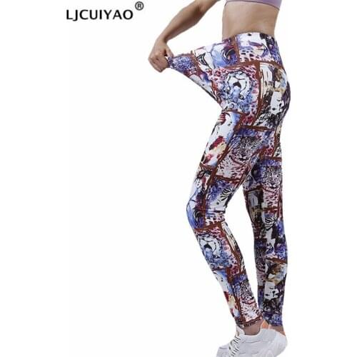 LJCUIYAO Women High Waist Gym Leggings Knitting Graffiti Beauty Face Print Pants Fashion Patchwork Tights Fitness Push Up Sport