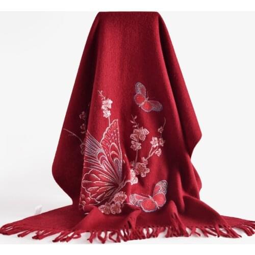 Women Wool Scarf Winter Warm Wool Butterfly Embroidery Shawls Wraps Scarves for Ladies Bride Wedding Tassels Solid Pashmina