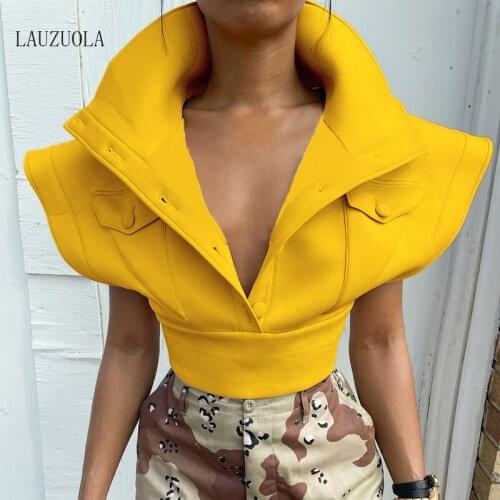 Yellow Turn-Down Collar Cropped Jackets for Women Button Up Sleeveless Waistcoat Vest Top 2021 Autumn Coat Streetwear Outerwear