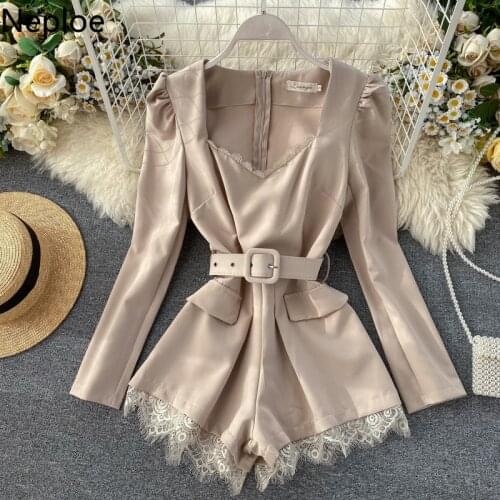 Neploe Elegant Vintage Long Sleeve Playsuit Solid Color Slim Waist Belt Jumpsuit Women Lace Fashion Overalls Korean New 1A381