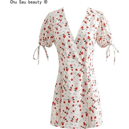 2021 Summer Prairie Chic Fresh Sweet Floral Print Puff Sleeve One-Piece Button V-Neck Lace-Up Puff Sleeve Dress Women Vestido