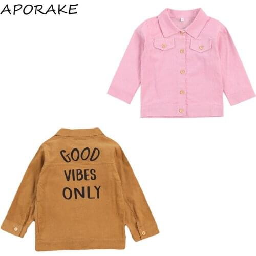 2020 2-7Y Fashion Kids Baby Girls Jackets Letter Back Autumn Button Pocket Long Sleeve Corduroy Top Toddler Coats Outwear