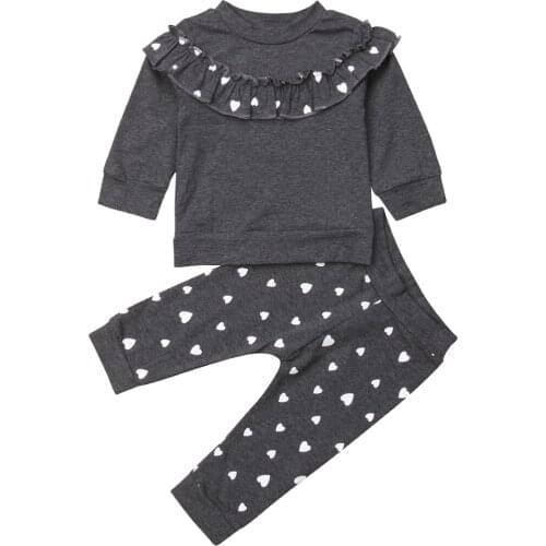 2021 0-4Y Casual Kids Baby GIrl Clothing Ruffle Long Sleeve Sweatshirt Top+Heart Print Pants Spring New Toddler 2pcs Outfits Set