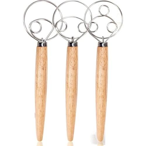 3PCS Danish Dough Whisks, Mixing Whisk Tools for Kitchen Baking Wooden Handle Manual Dough Mixer