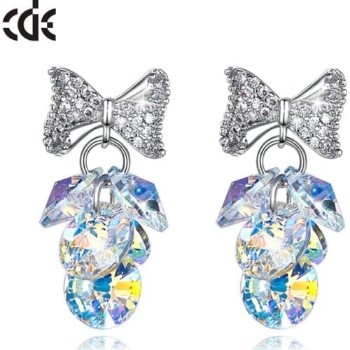 CDE Fashion AB Color Crystal Bead from Swarovski Cluster Kitsch Grape Bunches Dangle Drop Statement Hook Earrings with Bowknot