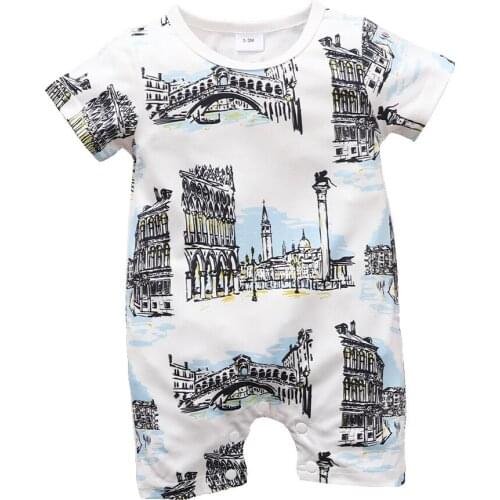 Children boys girls baby round neck short-sleeved construction bridge printing romper jumpsuit