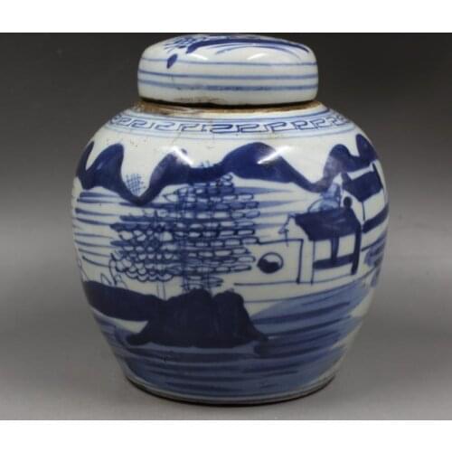 Antique QingDynasty porcelain pot,Blue and white landscape jar,Home Decoration,handmade crafts/Collection