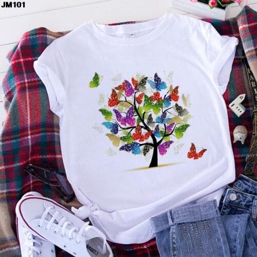 Summer New Womens Butterfly Tree Printed T-shirt Harajuku Casual White Short Sleeve Tshirt Fashion Streetwear Tops Tee Clothing