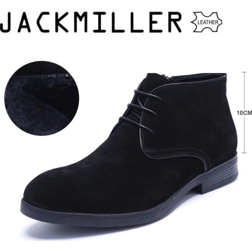 Jackmiller Top Brand Cow Suede Men Boots Winter Warm Wool lining Ankle Boot Mens Snow Boots Lace-Up Office Shoe TPR sole black