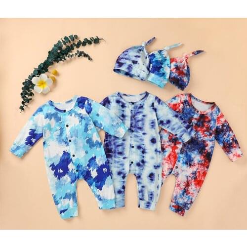 Baby Girl Romper Autumn Fashion Boy Long Sleeve Jumpsuits + Hats 2pcs Tie-dye Print Toddler Outfit Baby Clothes Set For 1-3Y