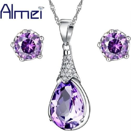 Almei 5% off Dubai Luxury Zirconia Jewelry Sets Silver Color Necklace Set Purple Stone Wedding Accessories Women Earrings WHT37