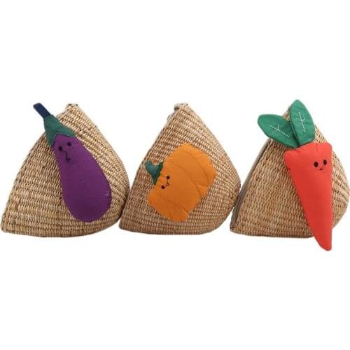 Summer Straw Bag Lovely Eggplant Pumpkin Shoulder Bag Cute Carrot Messenger Bag Keys Coin Purse Mini Handbag