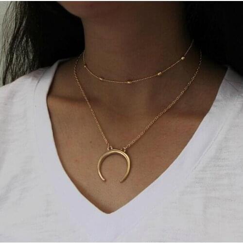 Na865 Fashion punk simple copper beads necklace alloy moon pendant Double layer Clavicle necklace Female charm jewelry