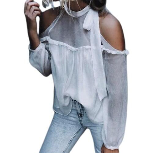 Autumn New Chiffon Women Blouses Shirts Long Sleeve Sexy Solid Cold Shoulder Blouse Ladies Fashion Casual Tops Straps Blusas