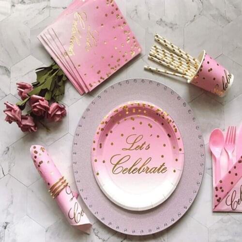Disposable Paper Tableware Made Of Pink And Gilding Polka Dot Birthday Party Theme