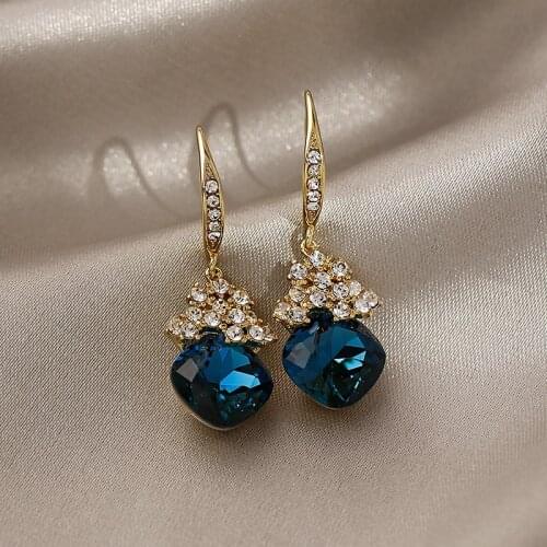 OLIRAFT 2021 Trend High Grade Sense Blue Crystal Earrings Cool Girls Retro Elegant Korean Hanging Earrings For Women Jewelry