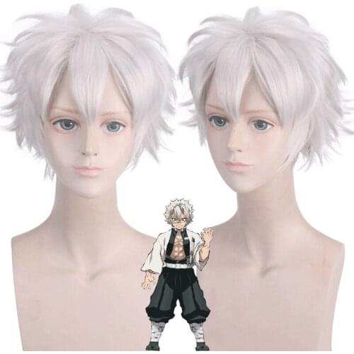 Kimetsu no Yaiba Shinazugawa Sanemi Cosplay Wig Blade of Demon Slayer Halloween Anime Short Gray Silver Hair 28cm