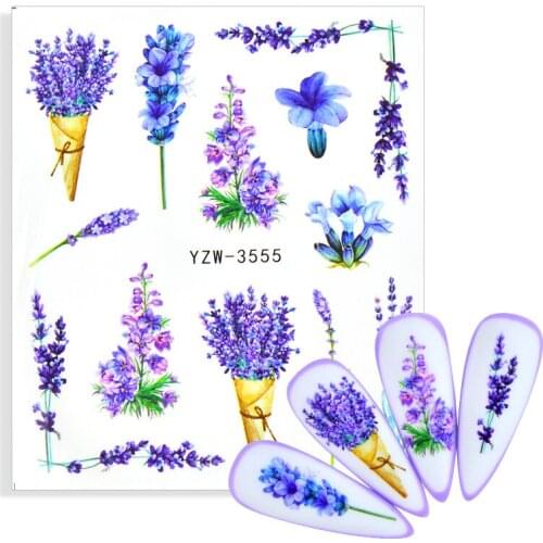 Purple Lavender Flowers Butterfly Nail Water Decals Stripe Line Leaves Transfer Slider Sticker DIY Nail Art Decoration Tips Wrap