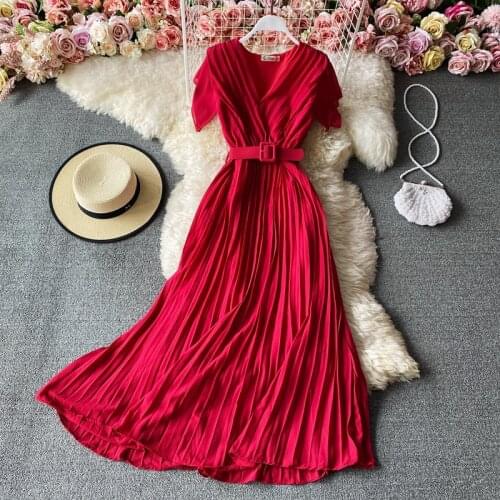 Womens Spring Summer Runway Fashion V Neck Pleated Dress Female ChicTravel Beach Party Dress TB1893