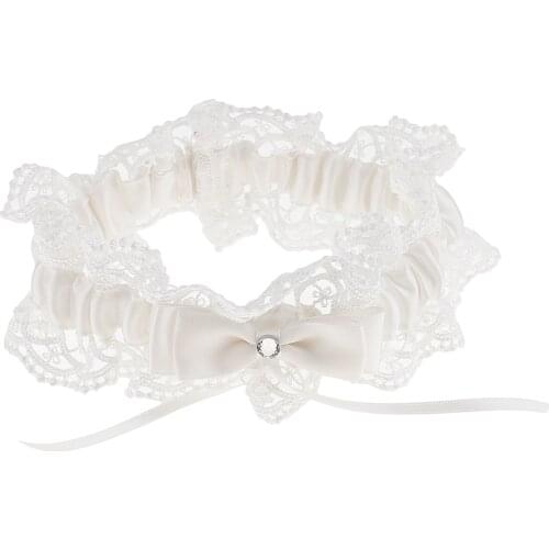 Beige Lace Flower Crystal Garter Bowknot Rhinestone Wedding Garter Gift Bride Bridesmaid Accessory