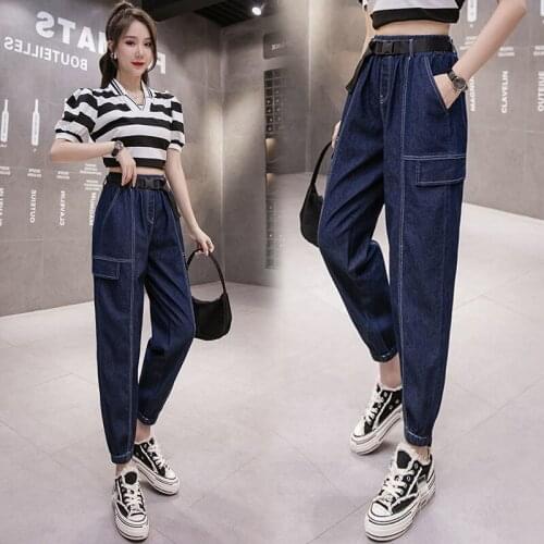 Loose Jeans Womens 2020 Autumn High Waist Slim Harem Pants Capri Womens Jeans Fashion Cargo Pants Women Baggy Jeans Blue Pants