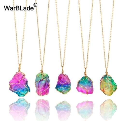 WarBLade New 10pcs Rainbow Natural Stone Crystal Pendant Necklace Wire Wrapping Irregular Drusy Quartz Stone Necklaces For Women