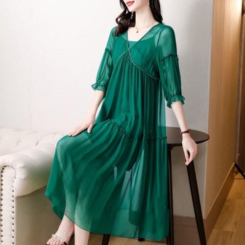 Women Summer Green Mulberry Silk Beach Midi Dress 2021 Vintage Solid 3XL Plus Size Chiffon Dress Elegant Bodycon Party Vestidos