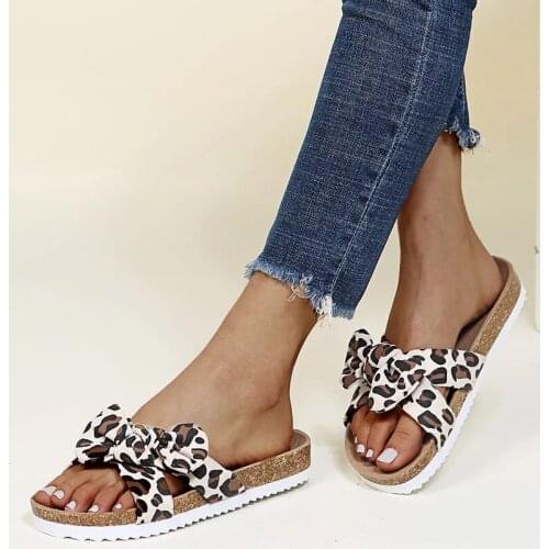 Ladies Sandals Summer Bow Flat Slippers Ladies Beach Shoes Leopard Print Slippers Outdoor Fashion Casual Slippers 35-43