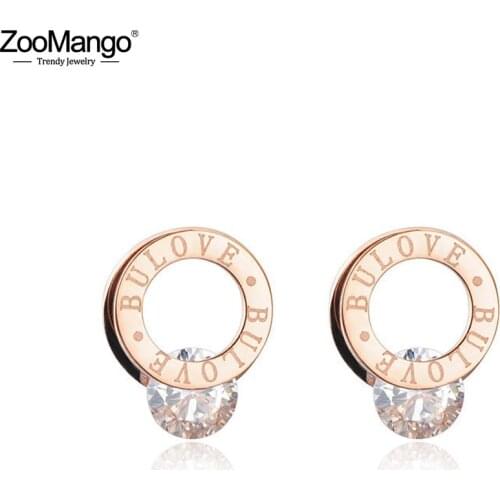 ZooMango Classic Cubic Zirconia Double Circle Stud Wedding Earrings For Women Titanium Steel Female Earrings Jewelry ZE17048