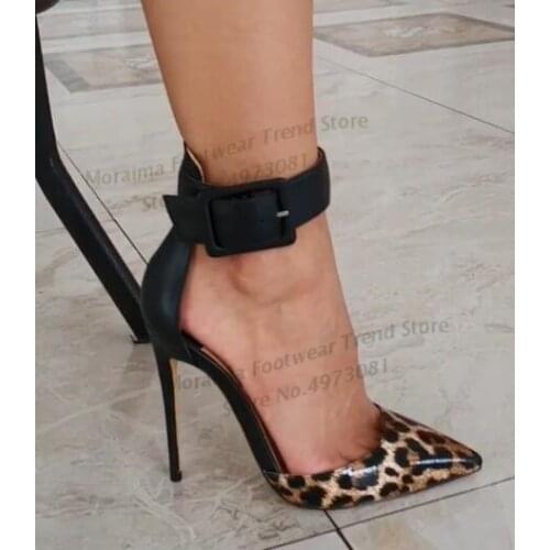 Moraima Snc Leopard Printed High Heel Shoes Big Buckle Ankle Strap Thin Heels Woman Pumps Sexy party Dress Shoe